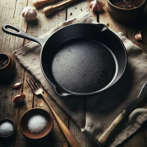 Seasoned cast iron skillet on a rustic wooden countertop
