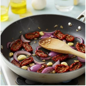 Sautéed red onion, garlic, and sun-dried tomatoes in a pan stirred with a wooden spoon