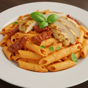 Fettuccine pasta tossed in creamy sauce with sliced chicken and fresh basil