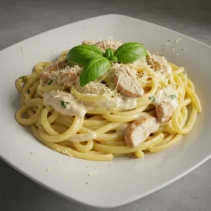 Creamy marry me chicken pasta on a white ceramic plate with basil and Parmesan