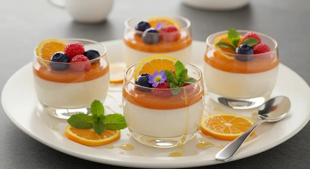 Best panna cotta recipe with colorful toppings on a white plate