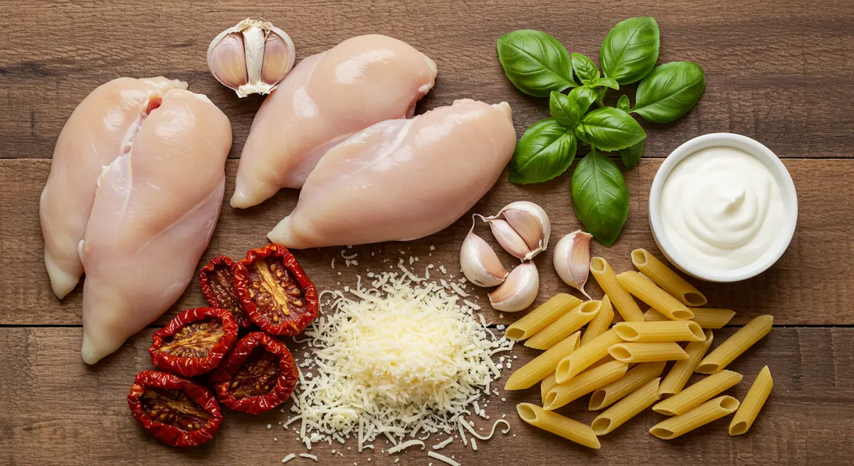 creamy sauce coating pasta with juicy chicken and sun-dried tomatoes