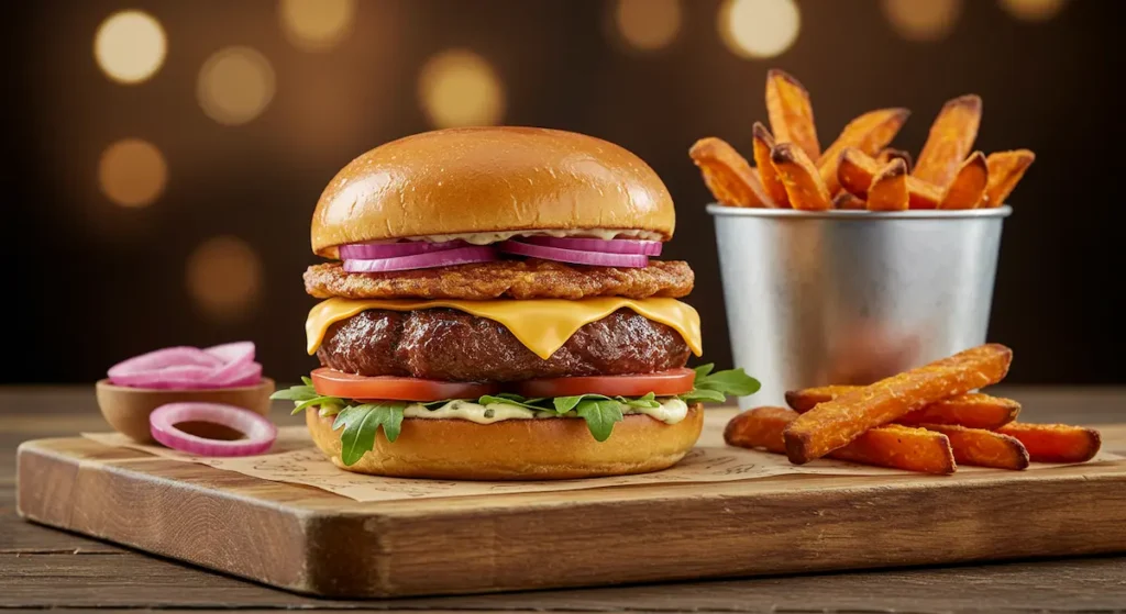 Gourmet smash patties burger with caramelized onions, melted cheddar, and brioche bun on a rustic wooden board