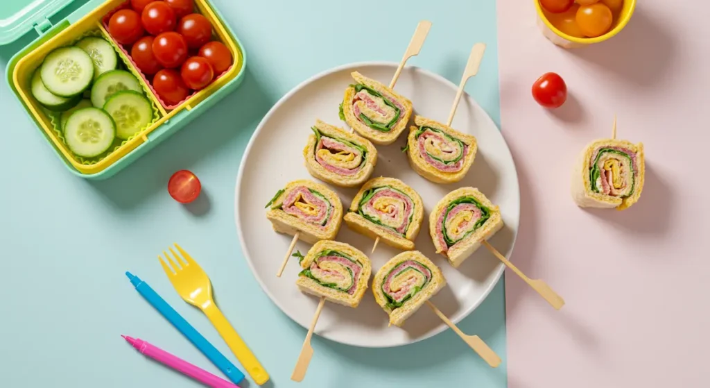 Rainbow sandwich skewers with lunchbox items