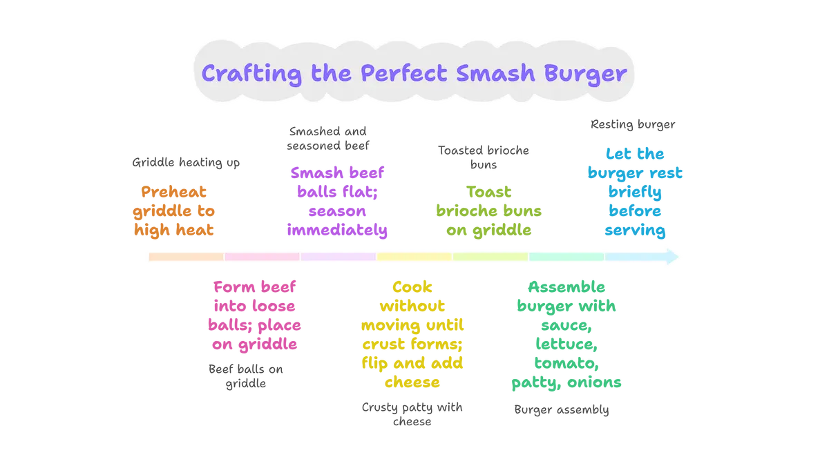 Infographic illustrating step-by-step cooking instructions for gourmet smash patties with aged cheddar and caramelized onions