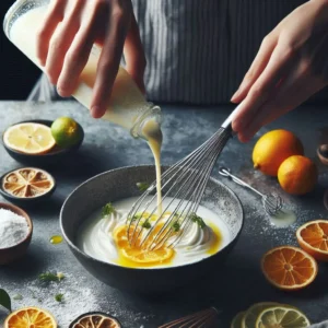 Whisking coconut cream and yuzu juice into the panna cotta