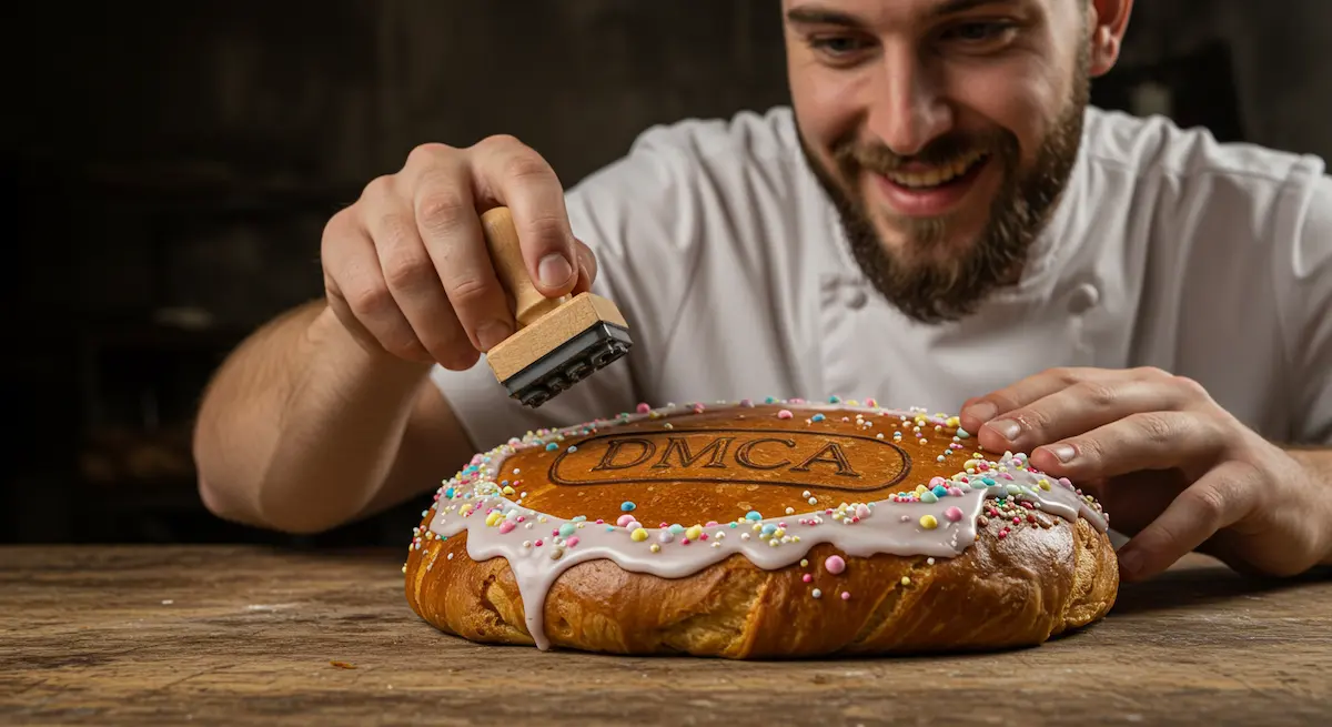 Baker stamping a logo on a dessert tray