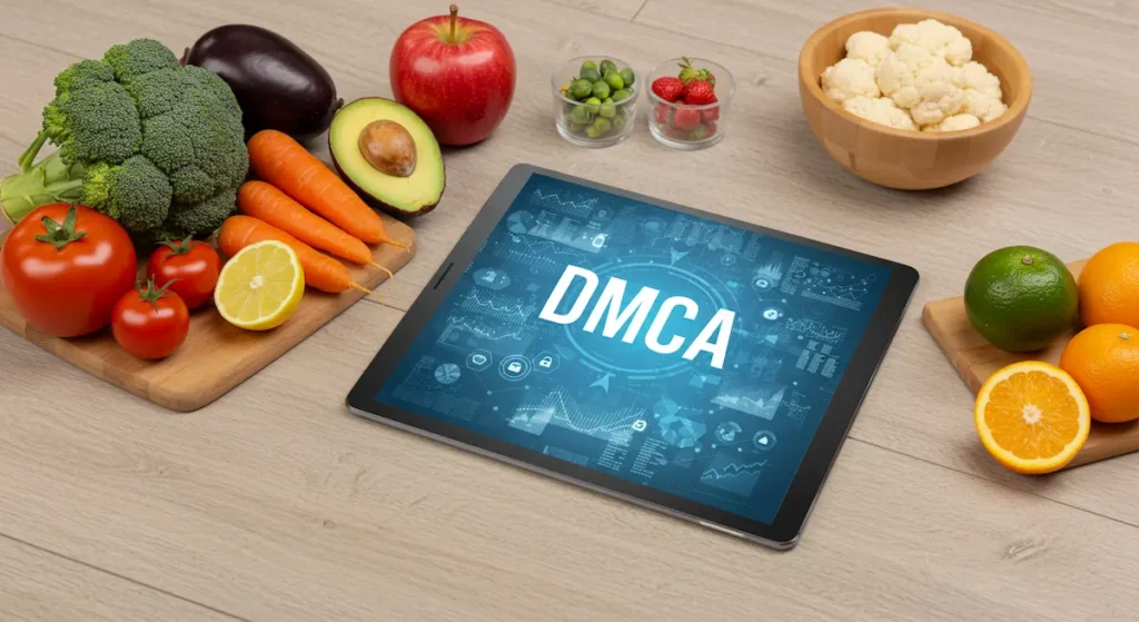 DMCA: Tablet with a digital recipe next to fresh produce