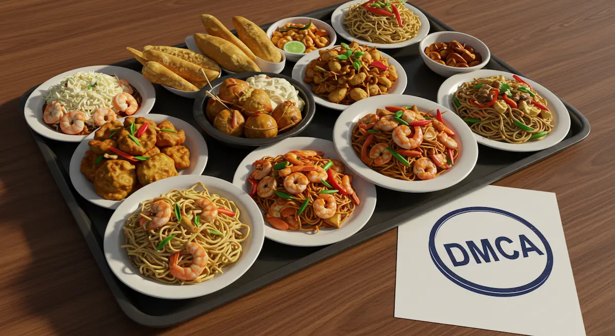Global street food on a tray with copyright seal