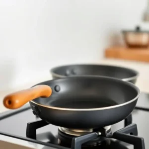 Nonstick skillet on a stovetop with a wooden handle, kitchen background