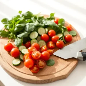 Wooden chopping board with knife and cut vegetables like tomatoes and spinach