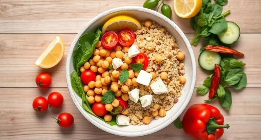Vibrant Mediterranean chickpea and quinoa power bowl with fresh vegetables in a white bowl on a wooden table