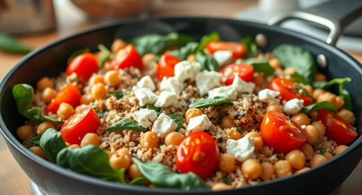 Close-up of Mediterranean quinoa and chickpea bowl in a skillet with colorful vegetables and steamed