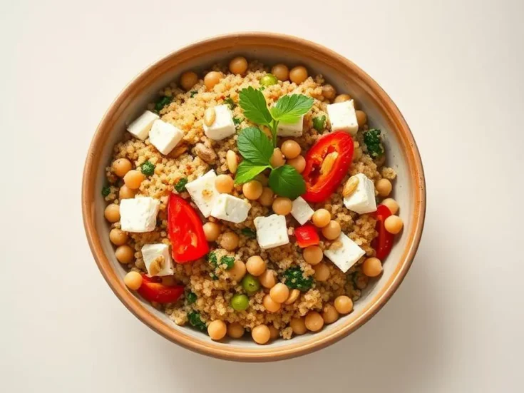 Front view of Mediterranean chickpea and quinoa bowl with toppings like feta and parsley